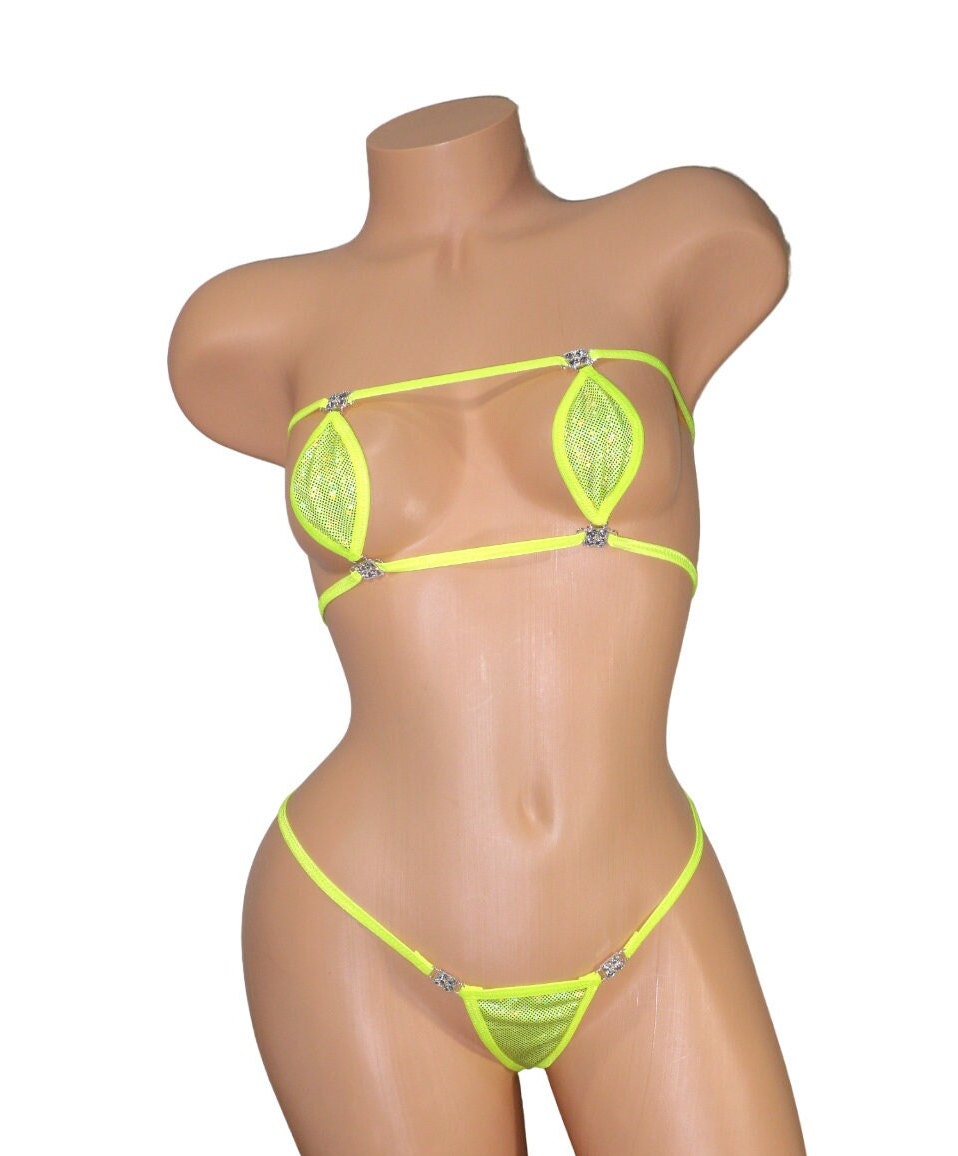 Mini Teardrop Bandeau G-String Bikini- Yellow Holographic Shattered Glass with Neon Yellow Trim S/M