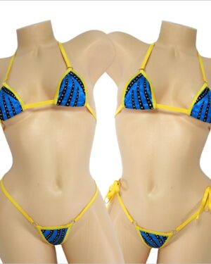 Mini Micro Bikini-CHOICE of Bottom- Blue Shattered Glass Holographic w/Black Velvet Flocking and Glitter Dots trimmed in Gold -S/M