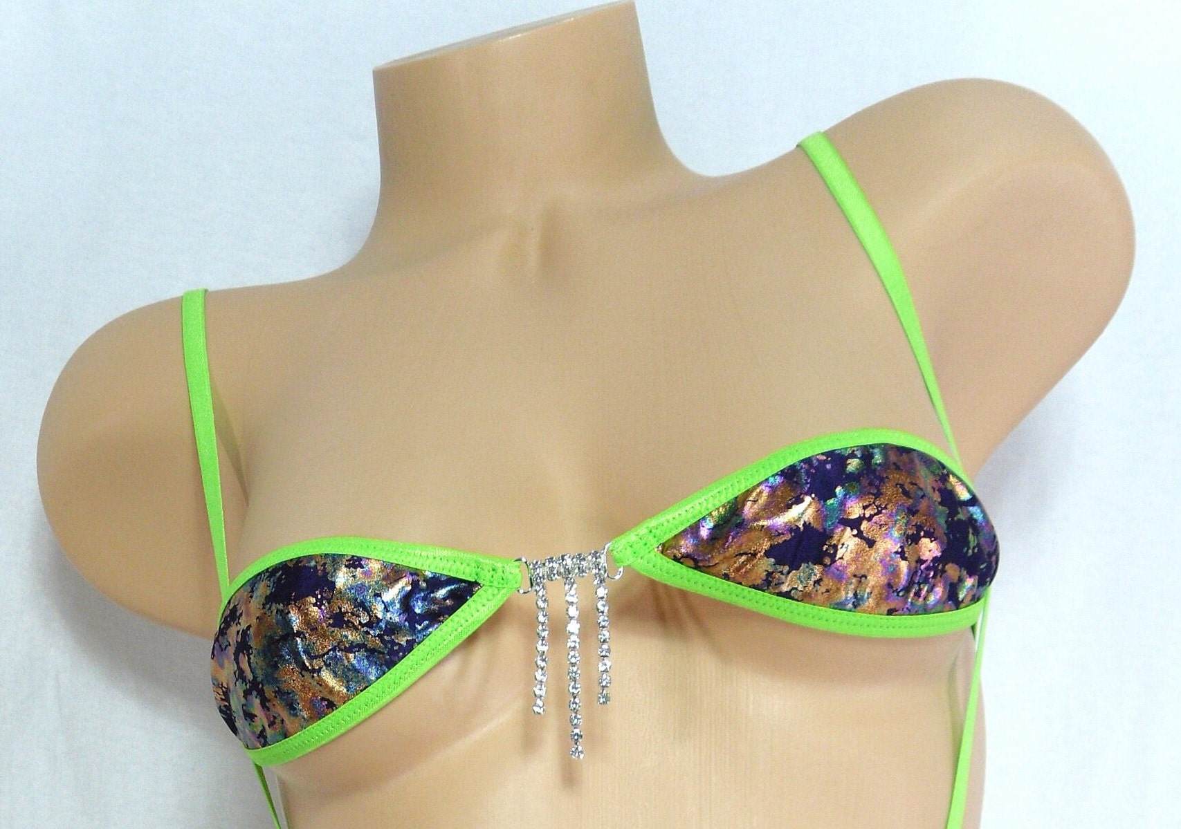 Bandeau Bikini w/Slingshot and RHINESTONES! Purple, Gold and Teal Iridescent trimmed in Bright Green S/M - Image 3