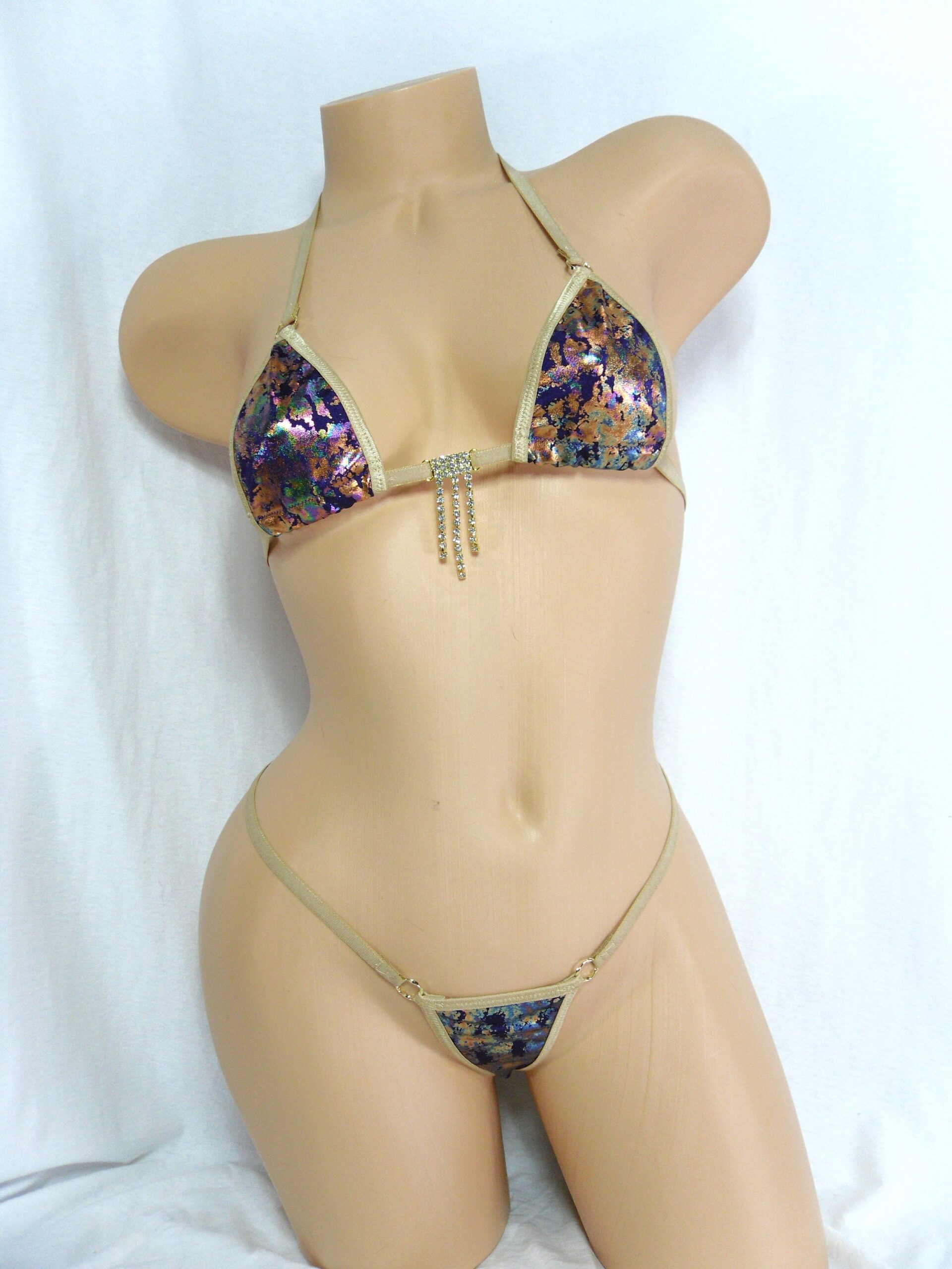 Micro G-String Bikini- Purple, Gold and Teal Iridescent trimmed in Nude- S/M - Image 2