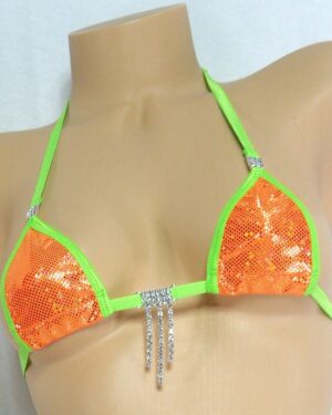 Mini Micro Bikini w/Rhinestones! G-String- Orange Shatter Glass Holographic with Green Trim S/M