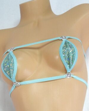 Mini Teardrop Bandeau G-String Bikini w/RHINESTONES! Turquoise Shattered Glass Holographic trimmed in turquoise.  S/M