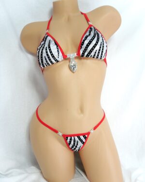 Princess Bikini w/RHINESTONES! Choice of G-string- Silver holographic with black velvet flocking and glitter dots with red trim s/m