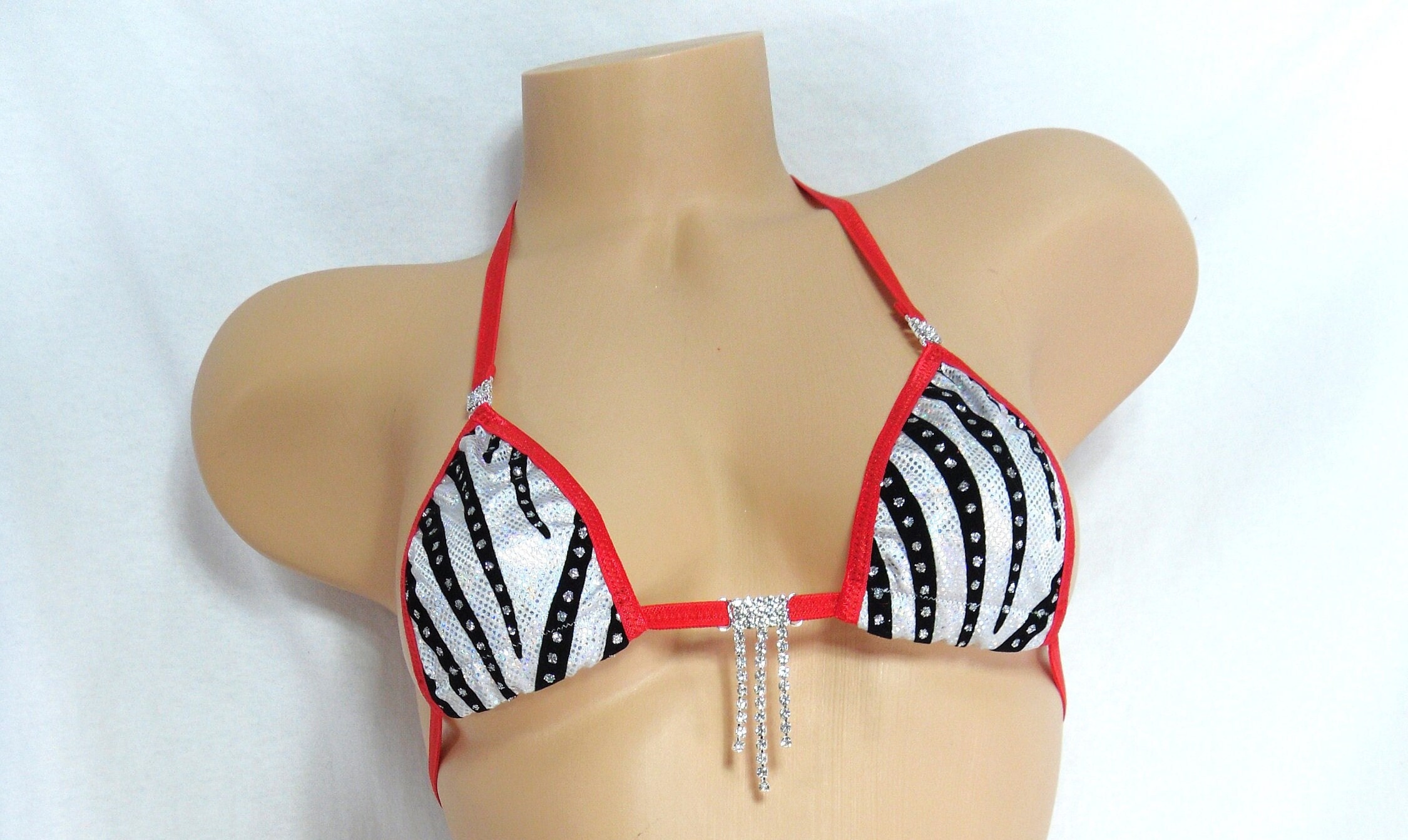 Micro Bikini w/RHINESTONES! Choice of Bottom- Silver holographic with black velvet flocking and glitter dots with red trim s/m - Image 3