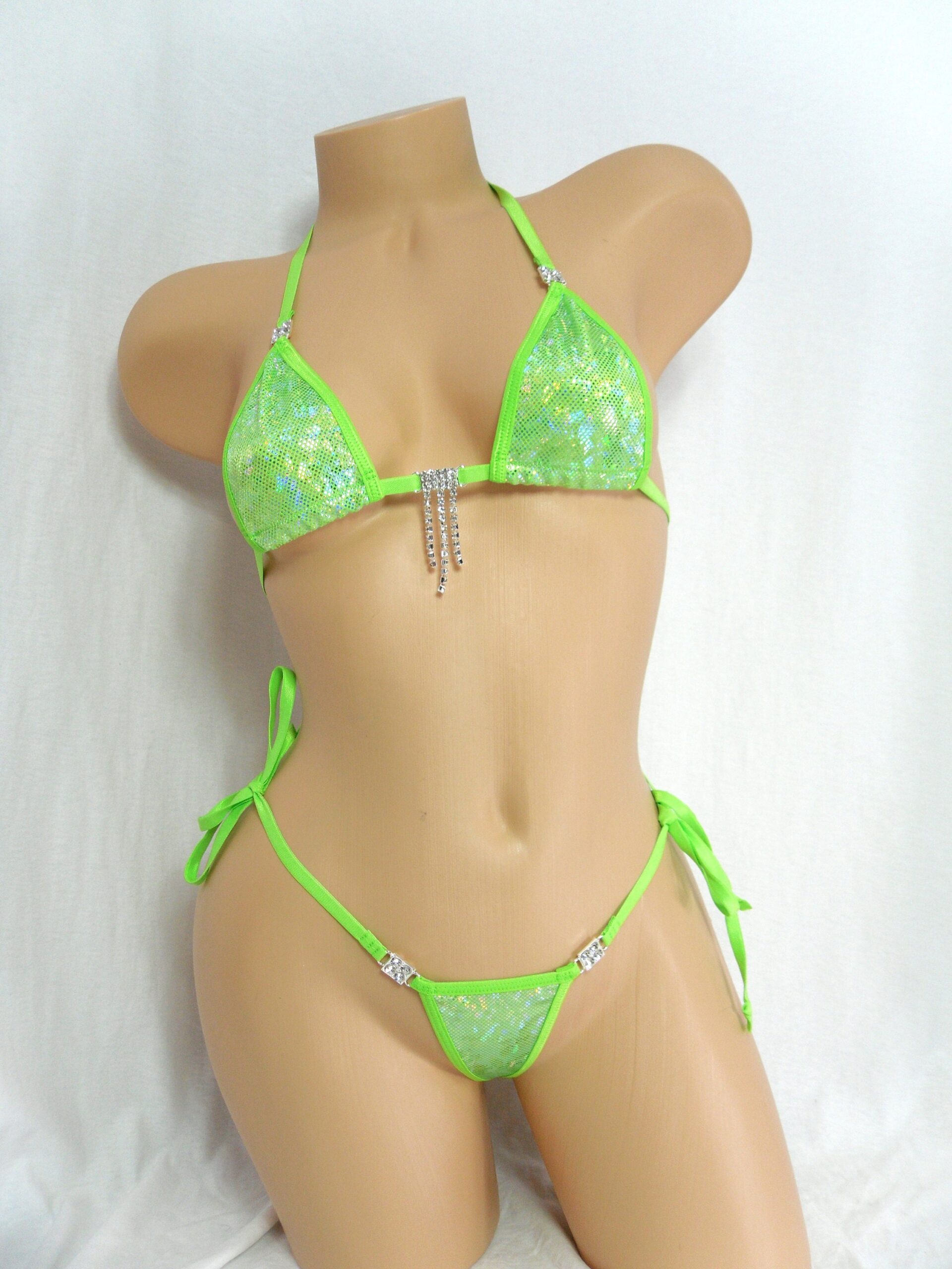 Micro Bikini w/RHINESTONES! CHOICE of G-String Green Shattered Glass Holographic- Green Trim S/M - Image 9