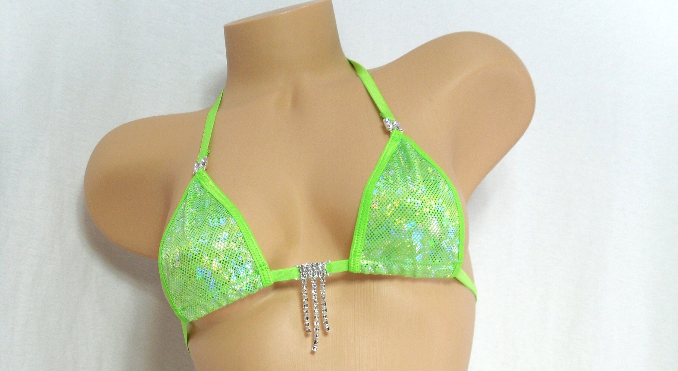 Micro Bikini w/RHINESTONES! CHOICE of G-String Green Shattered Glass Holographic- Green Trim S/M - Image 10