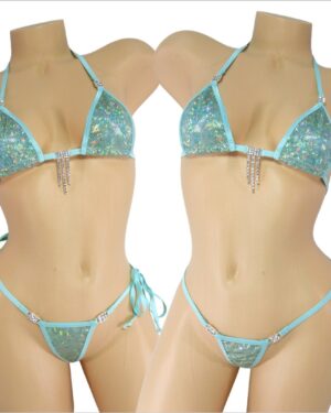 Micro Bikini w/Rhinestones! Your choice of bottom- Light Turquoise Shattered Glass Holographic with Turquoise Trim S/M