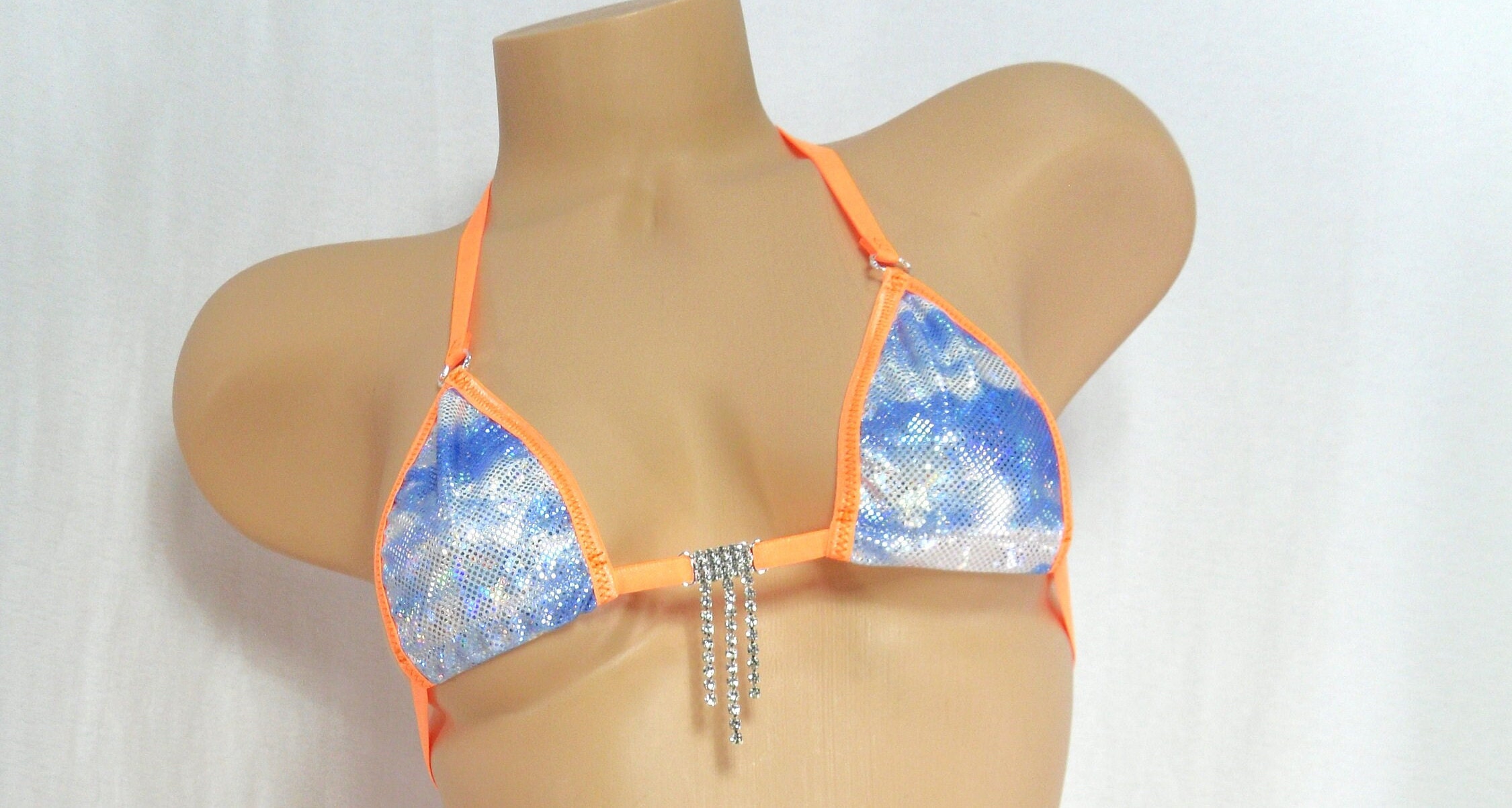 Micro G-String Bikini G-String Bottom-Cloud Holographic with Neon Orange Trim-S/M - Image 2