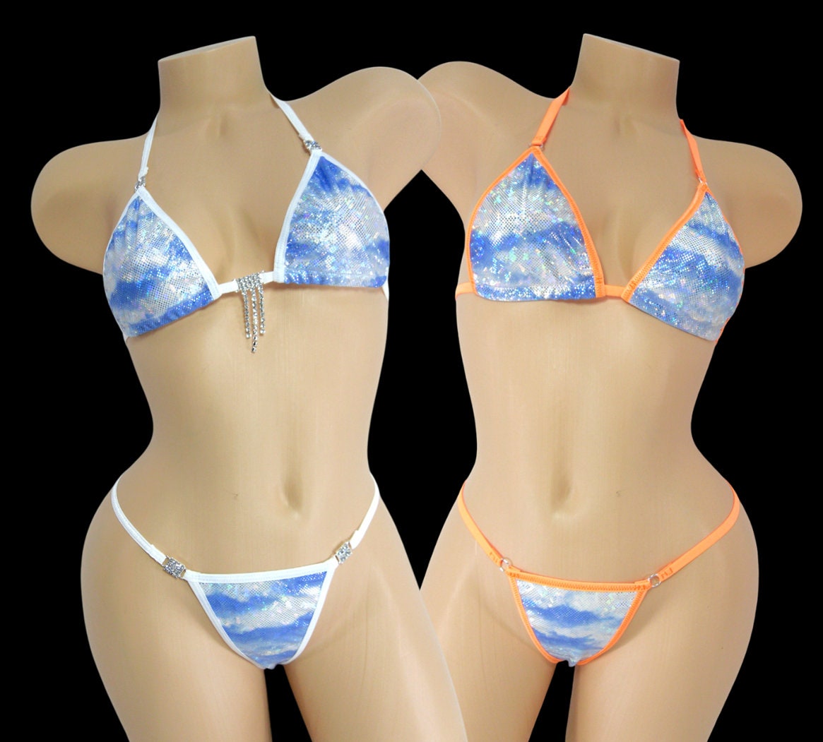 Y-Back Thong with Princess Top- Cloud Holographic-Choice of Trim and Rhinestones-S/M