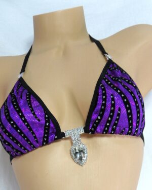 Bikini w/RHINESTONES! Purple holographic with black velvet flocking and glitter dots with black trim s/m