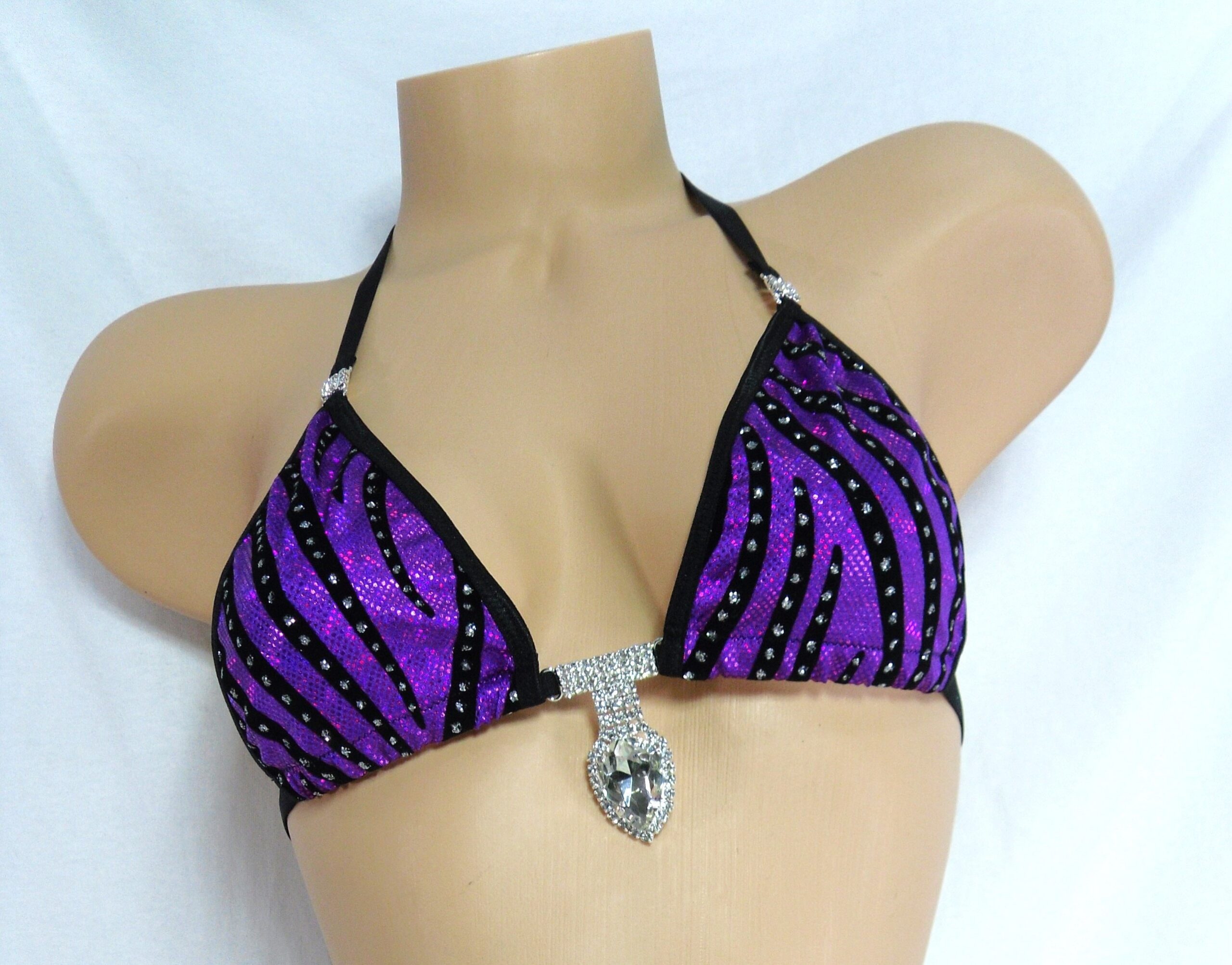 Bikini w/RHINESTONES! Purple holographic with black velvet flocking and glitter dots with black trim s/m