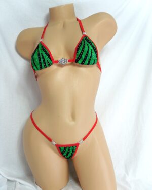 Micro G-String Bikini with RHINESTONES! Green holographic with black flocking and glitter dots with red trim S/M