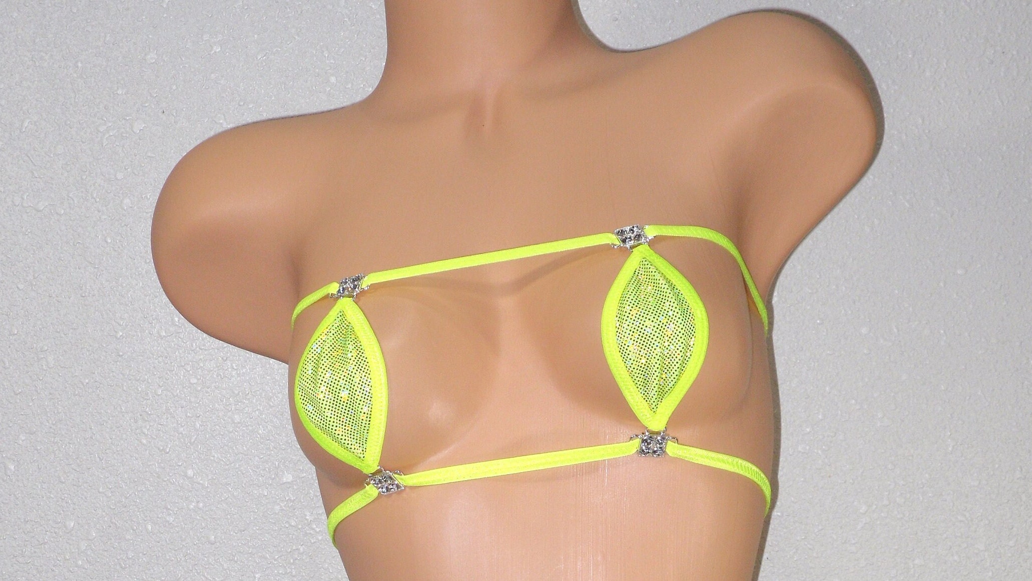 Mini Teardrop Bandeau G-String Bikini- Yellow Holographic Shattered Glass with Neon Yellow Trim S/M - Image 2