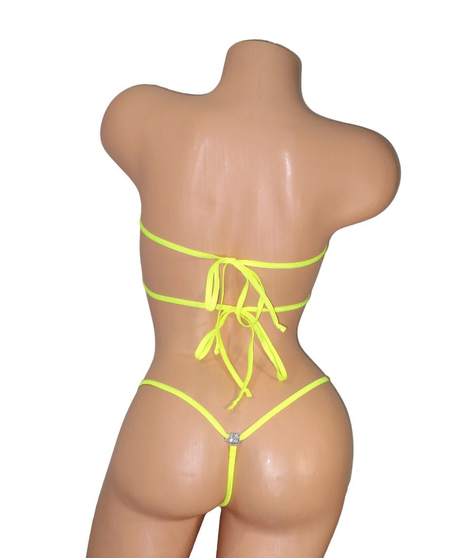 Mini Teardrop Bandeau G-String Bikini- Yellow Holographic Shattered Glass with Neon Yellow Trim S/M - Image 3