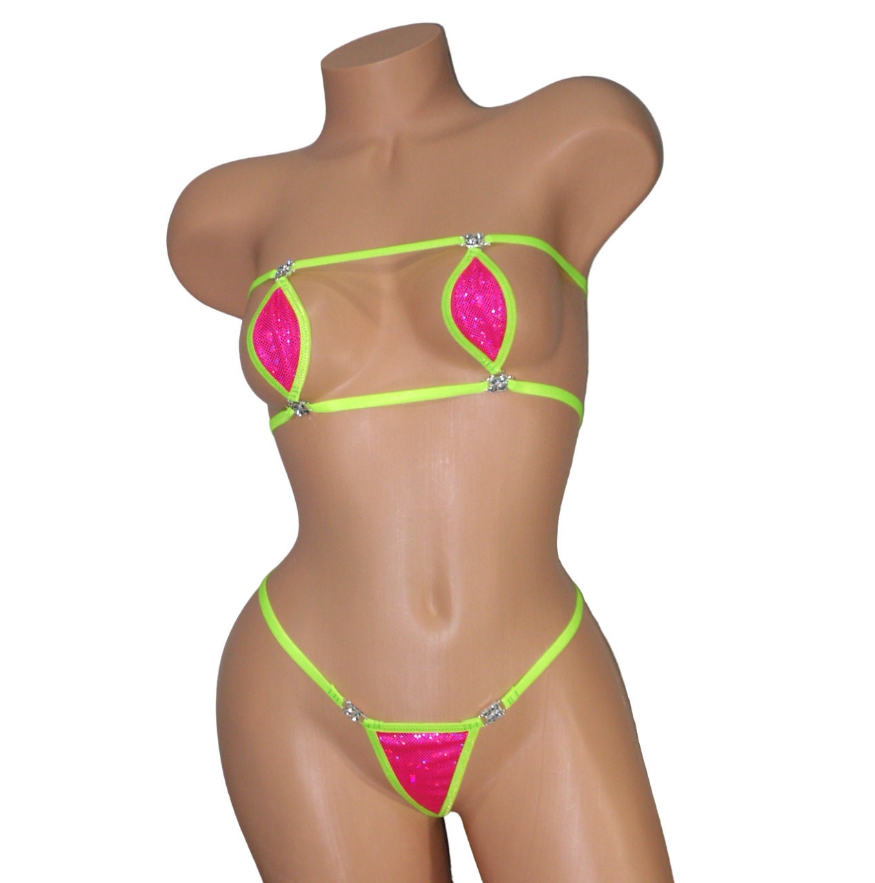Mini Teardrop Bandeau G-String Bikini w/RHINESTONES! Fuchsia Holographic with Neon Green Trim S/M