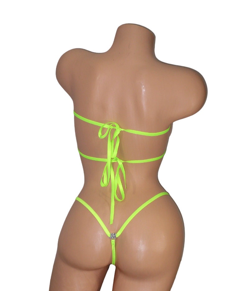Mini Teardrop Bandeau G-String Bikini w/RHINESTONES! Fuchsia Holographic with Neon Green Trim S/M - Image 3