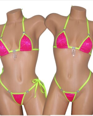 Micro Bikini w/RHINESTONES!-Choice of G-String- Fuchsia Shattered Glass Holographic with Neon Green Trim-S/M