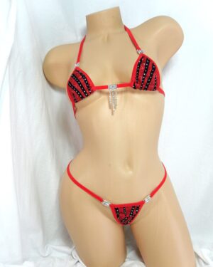 Mini Micro Bikini w/RHINESTONES! G-String- Red Holographic with Black Velvet Flocking and Glitter Dots with red trim S/M