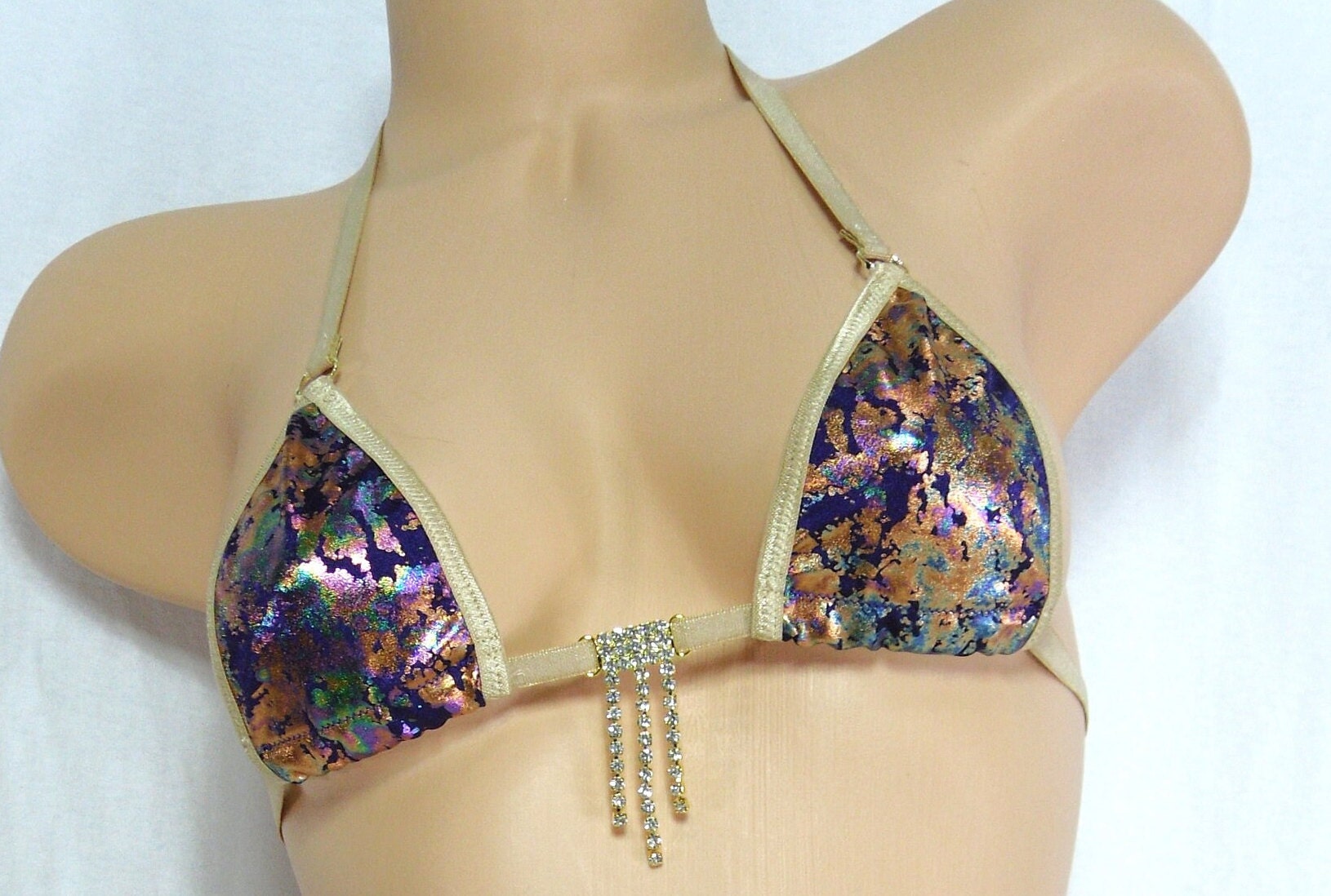 Micro G-String Bikini- Purple, Gold and Teal Iridescent trimmed in Nude- S/M