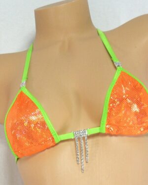 Micro Bikini w/Rhinestones! G-String- Orange Shattered Glass Holographic with Green Trim S/M
