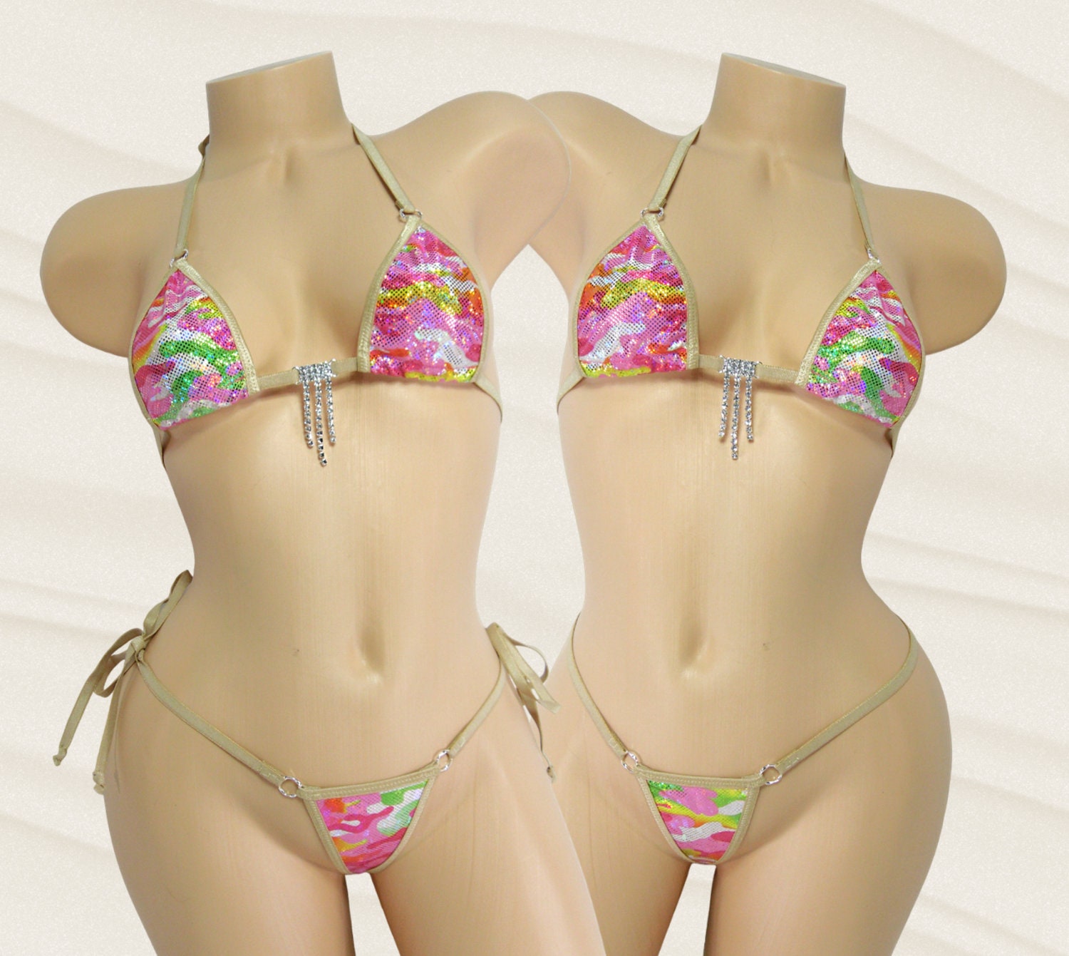 Micro Bikini-Choice of G-String Pink Green and Yellow Holographic Camo-Nude Trim-S/M