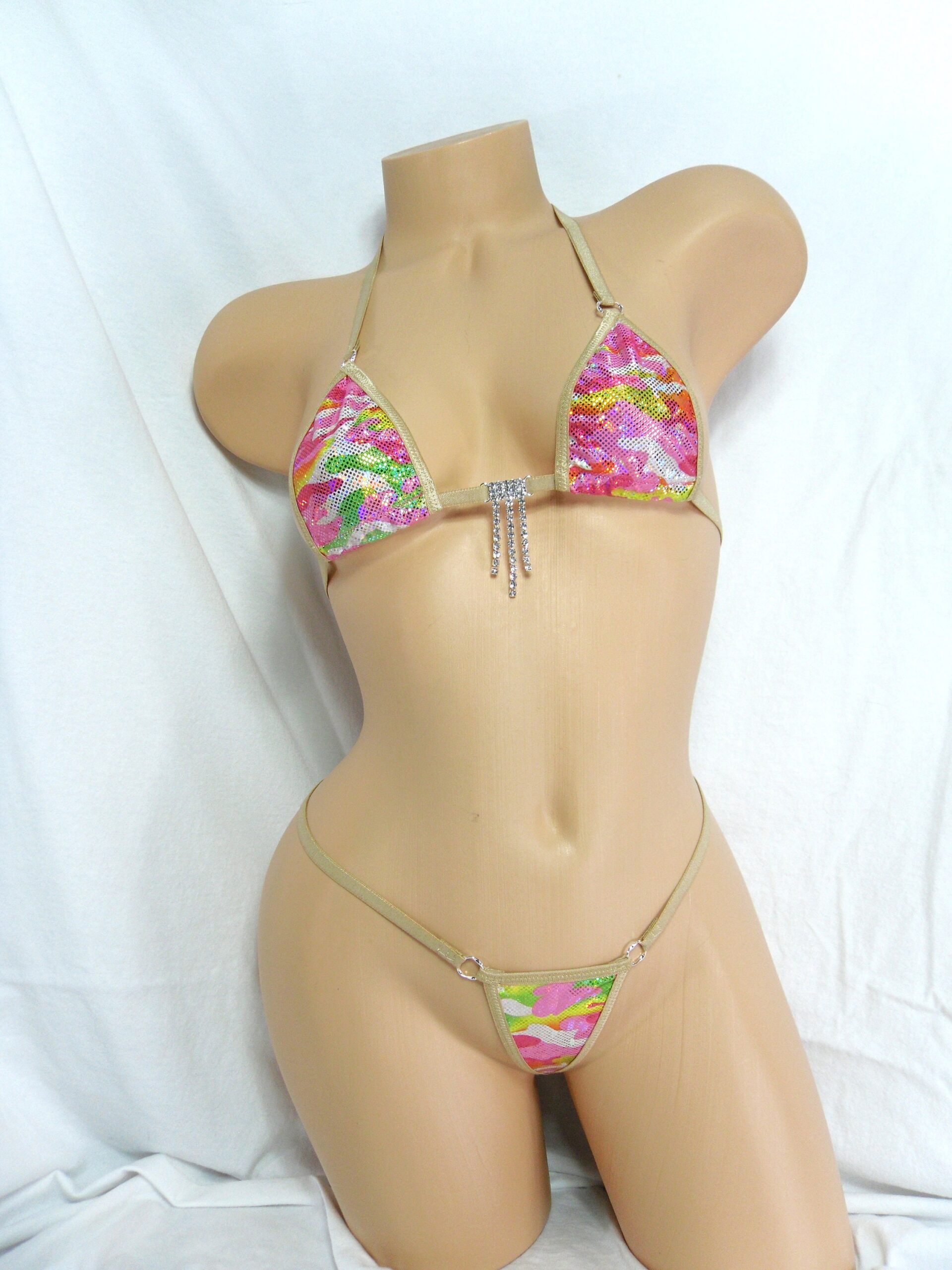 Micro Bikini-Choice of G-String Pink Green and Yellow Holographic Camo-Nude Trim-S/M - Image 4