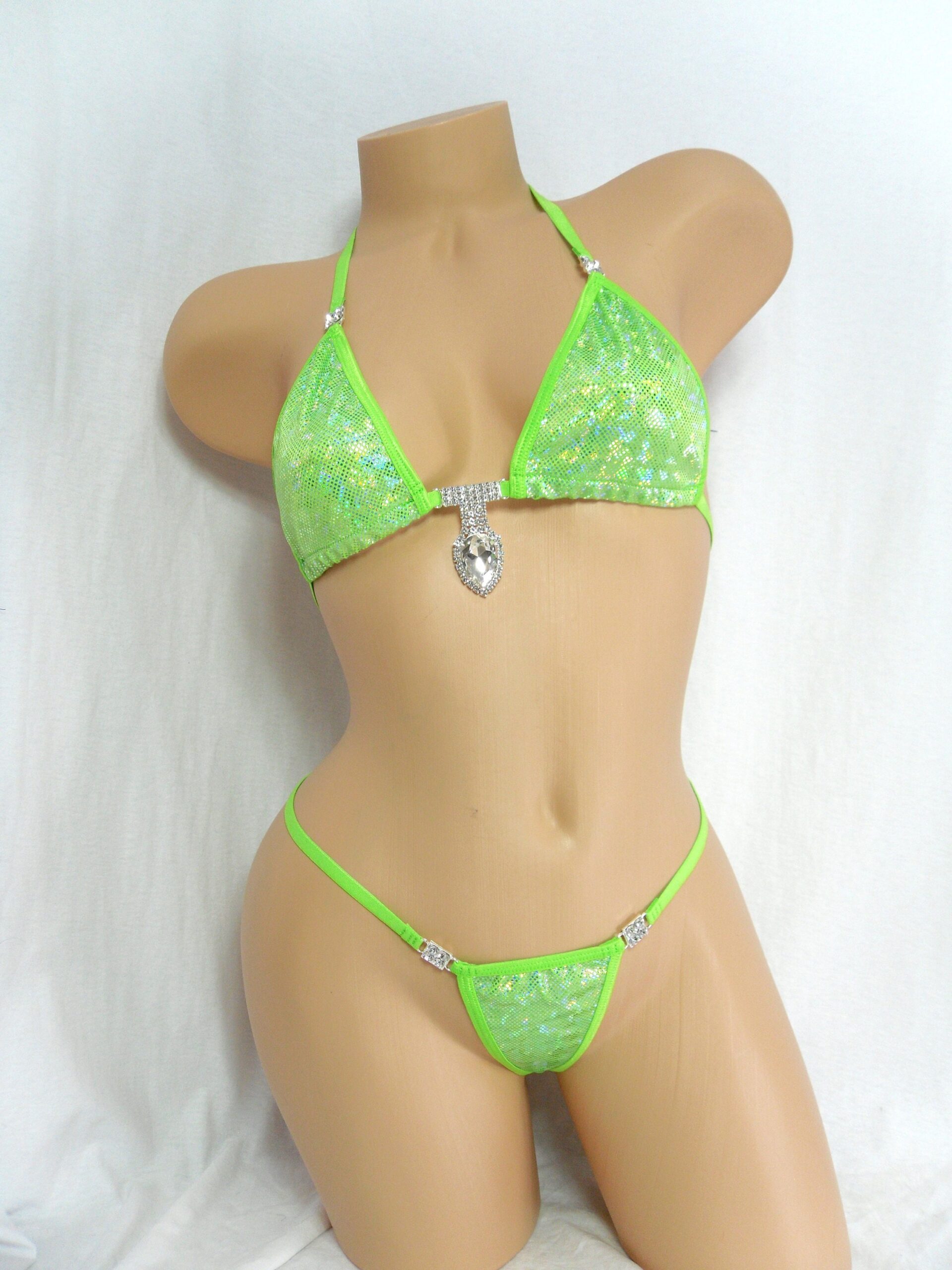 Princess G-String Bikini with RHINESTONES! Neon Green Holographic S/M
