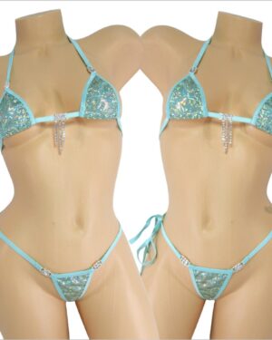 Mini Micro Bikini w/Rhinestones! Your choice of bottom- Light Turquoise Shattered Glass Holographic with Turquoise Trim S/M