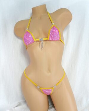 Mini Micro Bikini w/Rhinestones! G-String- Hot Pink Holographic with Gold Trim S/M
