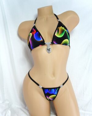 Princess G-String Bikini w/Rhinestones! -Multi-Color Smoke on Black-Trimmed in Black-S/M