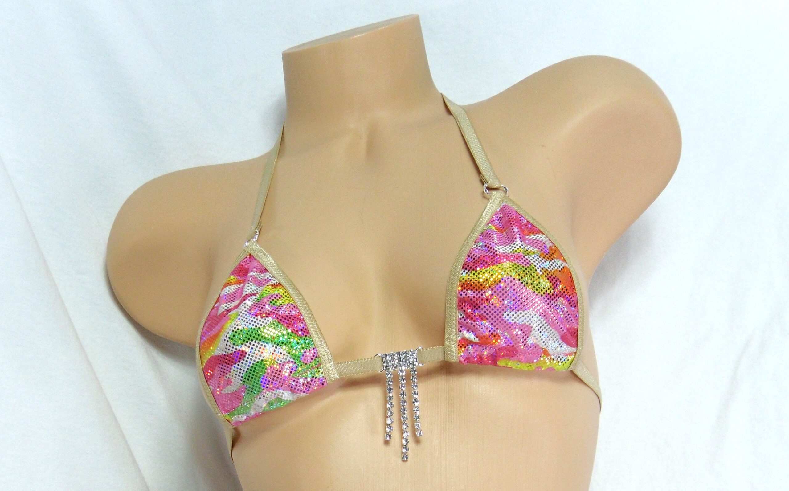 Micro Bikini-Choice of G-String Pink Green and Yellow Holographic Camo-Nude Trim-S/M - Image 2