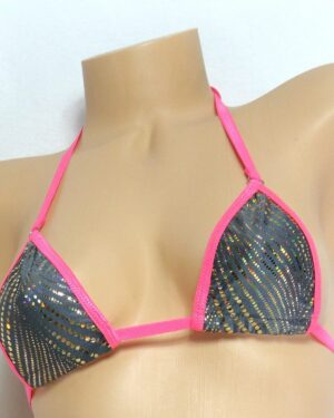 Micro G-string Bikini- Pewter with Gold Metallic Dots trimmed in Pink  S/M