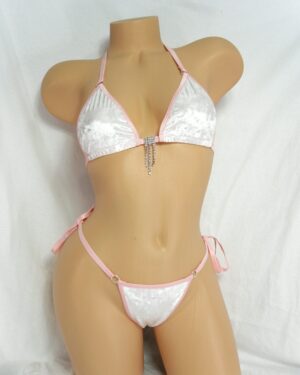 Princess Bikini w/ Extended Triangle Back Thong-White Crushed Velvet-Baby Pink Trim