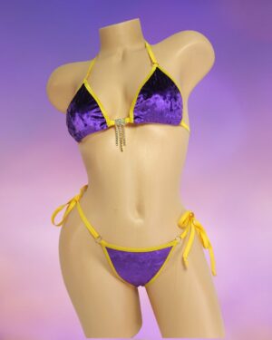 Princess Bikini w/ Extended Triangle Back Thong-Royal Purple Crushed Velvet-Gold Trim