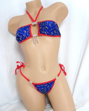 Princess Bandeau Bikini w/ Extended Triangle Back Thong- Blue Bandana with Red Trim and Rhinestones- S/M