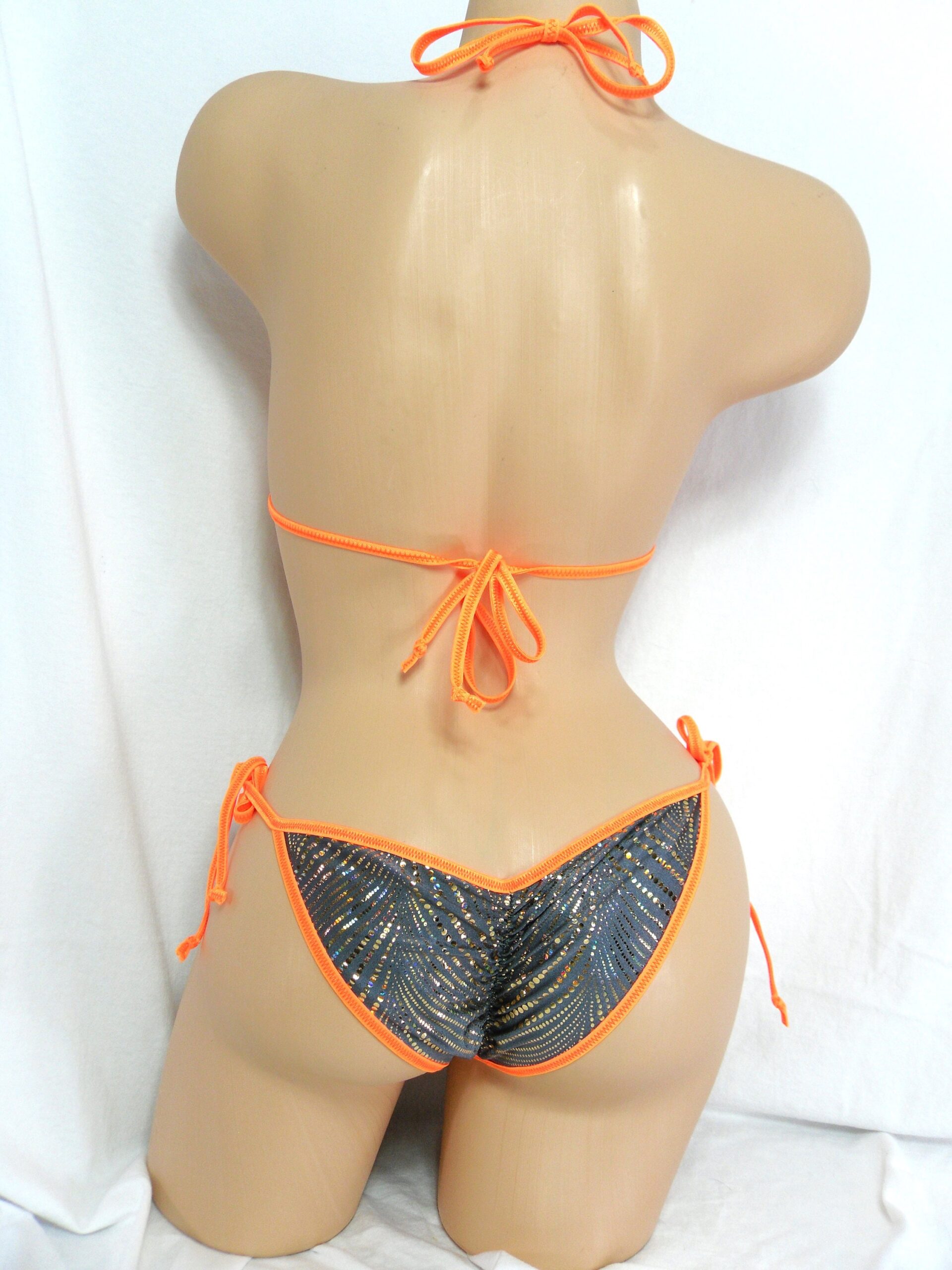 2pc scrunch butt bikini Gold Hologram dots on pewter w/adj.top & side tie bottom S/M - Image 6