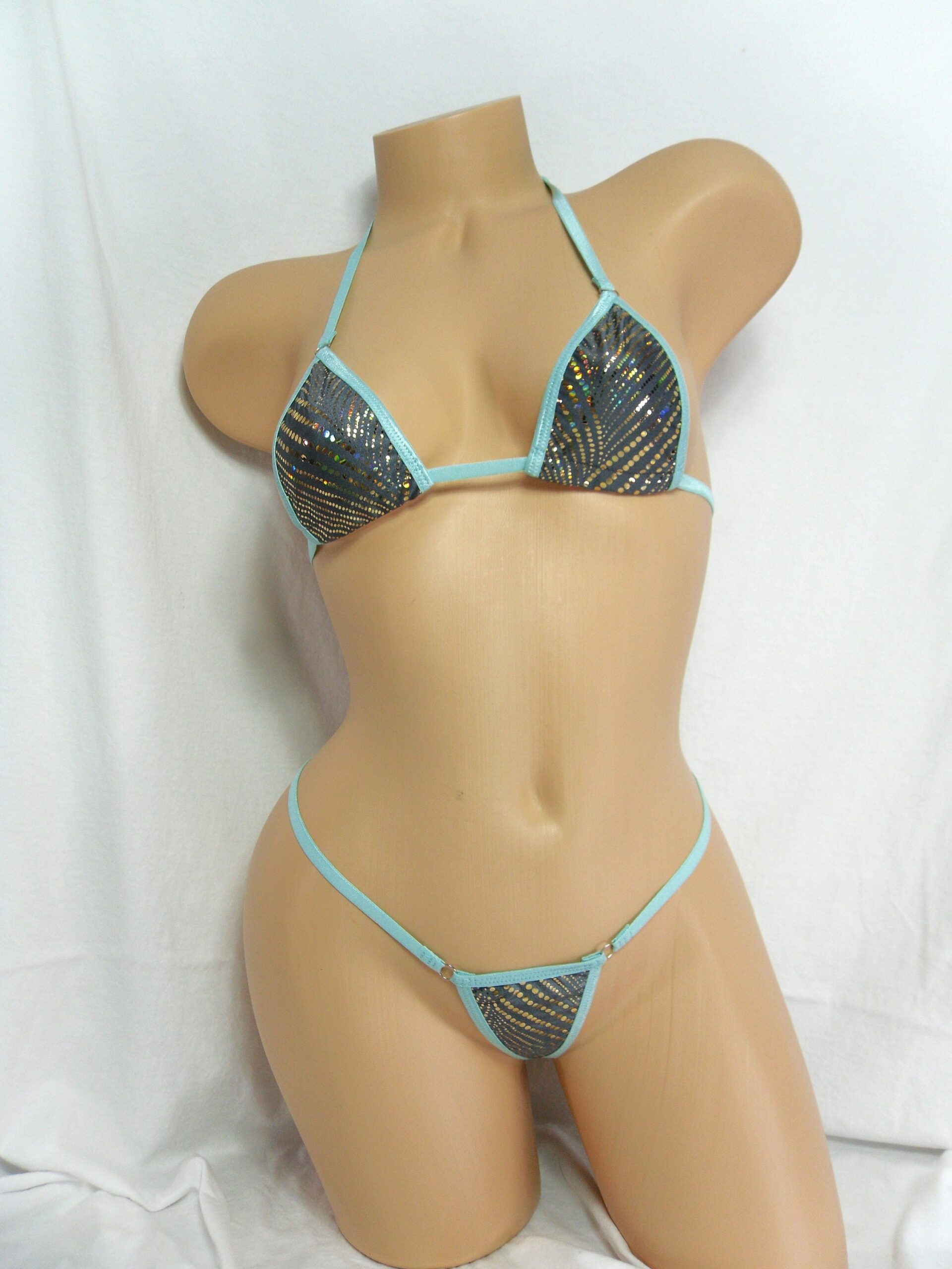 Micro G-String Bikini-Choice of Bottom-Gold Foil Dots on Pewter and Trimmed in Turquoise S/M - Image 2