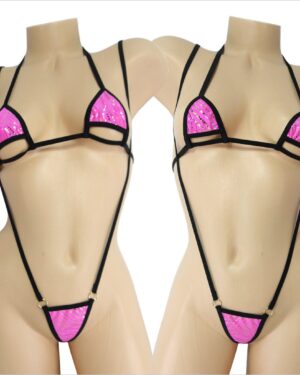 Peak a Boo Bikini w/Slingshot- Pink with Gold Metallic dots trimmed in Black- S/M