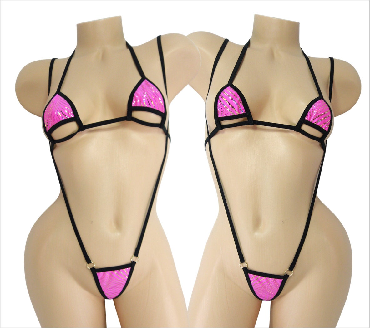 Peak a Boo Bikini w/Slingshot- Pink with Gold Metallic dots trimmed in Black- S/M