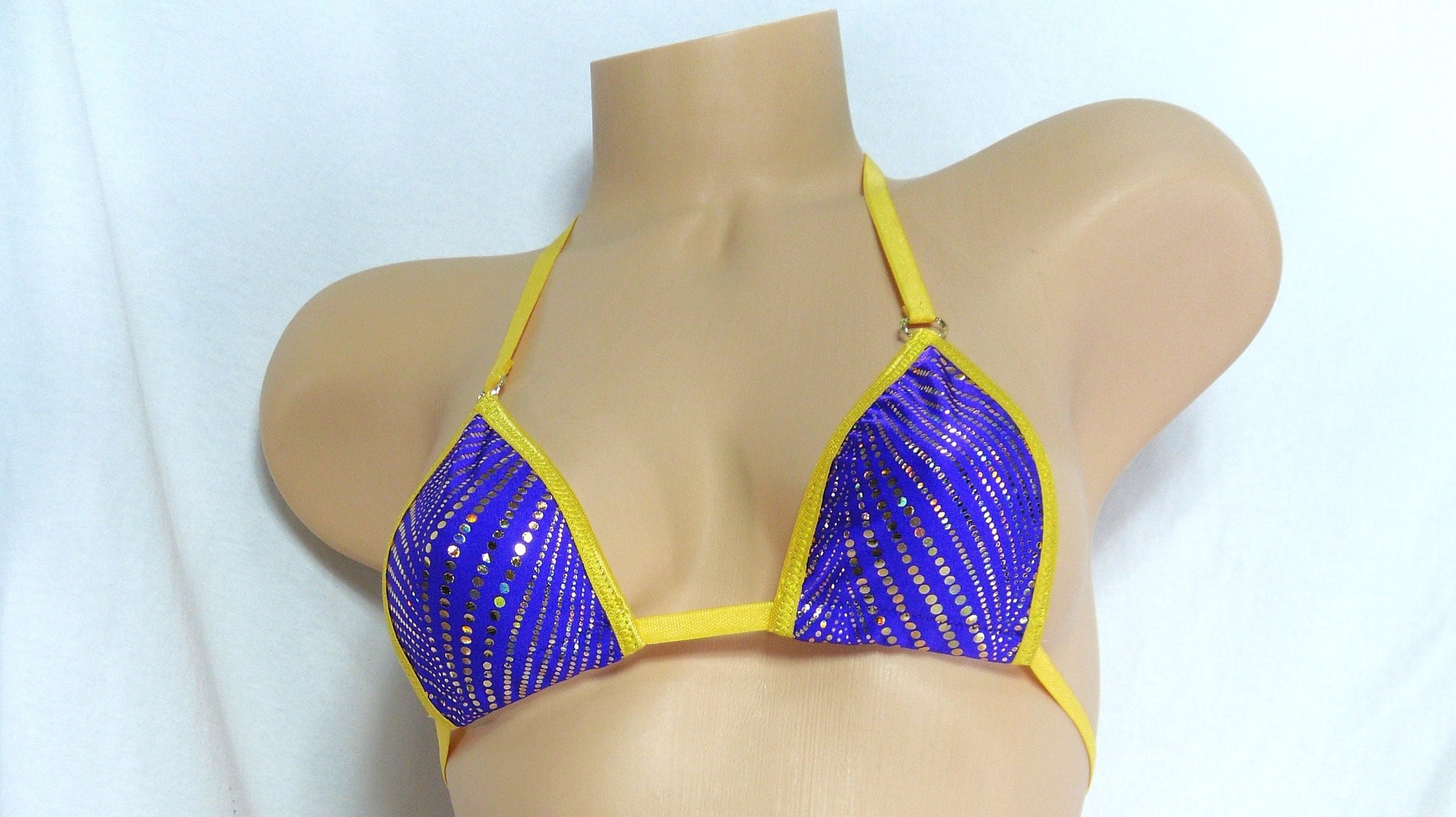 Micro G-String Bikini-Gold Foil Dots on Royal Purple and Trimmed in Gold S/M - Image 2