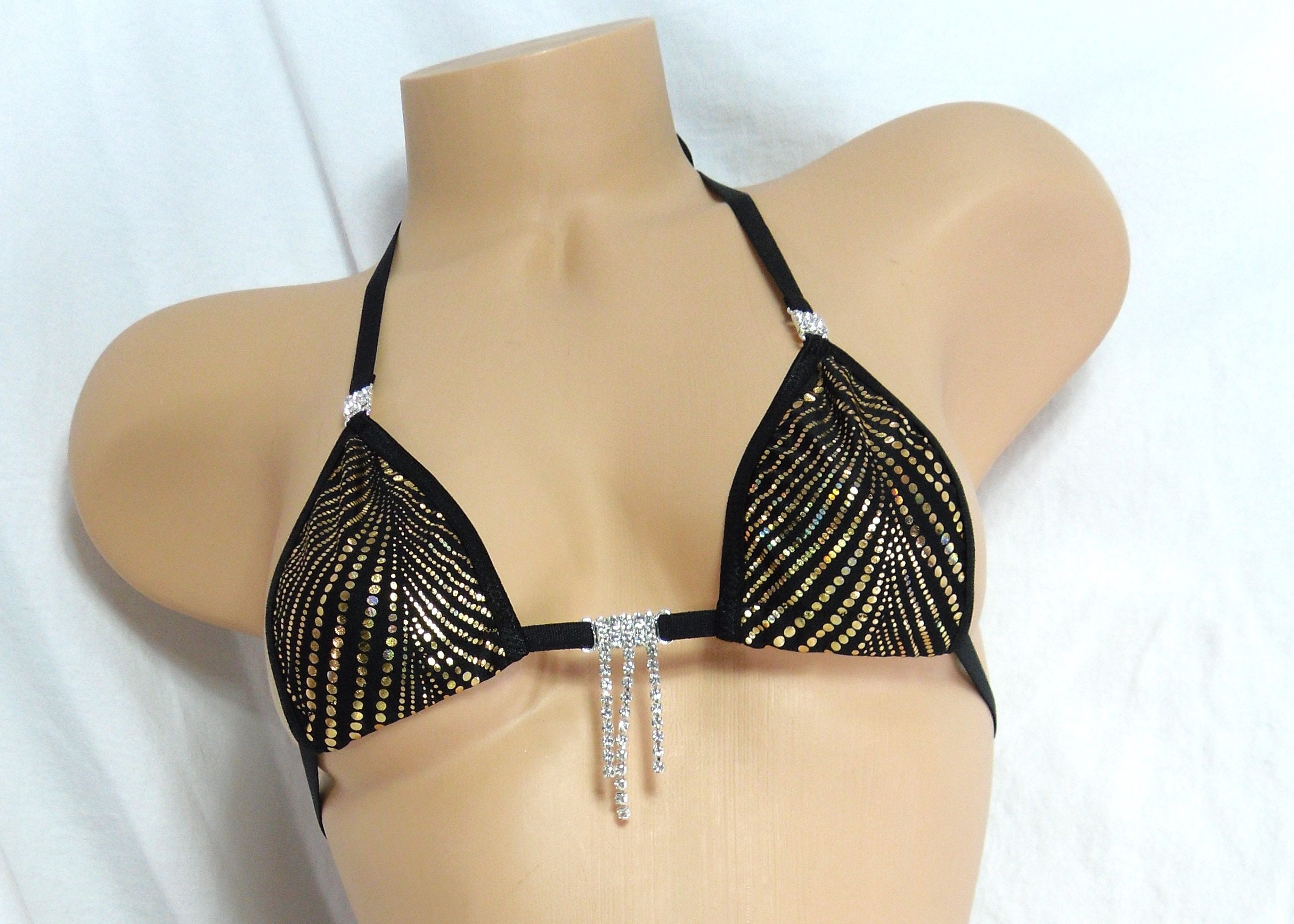 Micro Bikini w/RHINESTONES! G-String- Gold Dots on Black with black trim s/m - Image 2