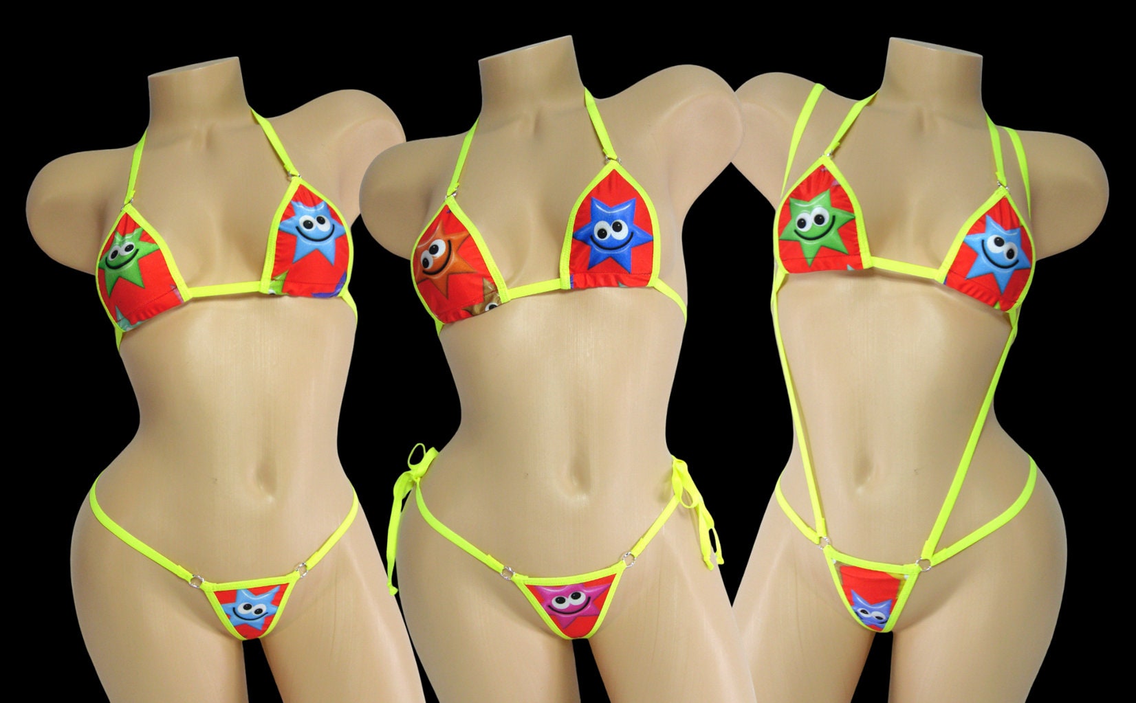 Micro Bikini w/CHOICE of Bottom- Googly-Eyed Stars on Red-Neon Yellow Trim- S/M