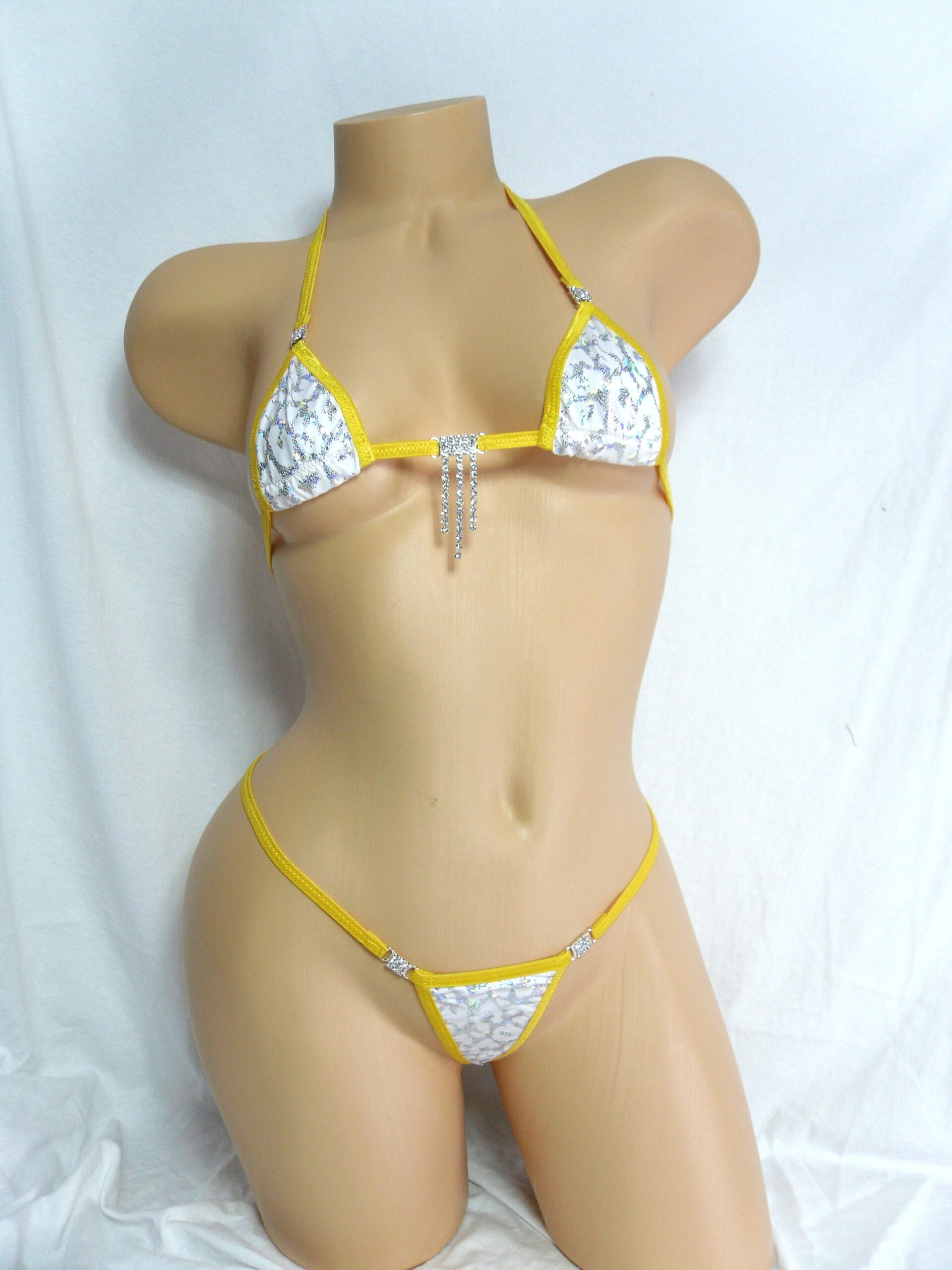 Mini Micro Bikini w/Rhinestones-G-String-Silver Holographic Animal Print on White with Gold Trim