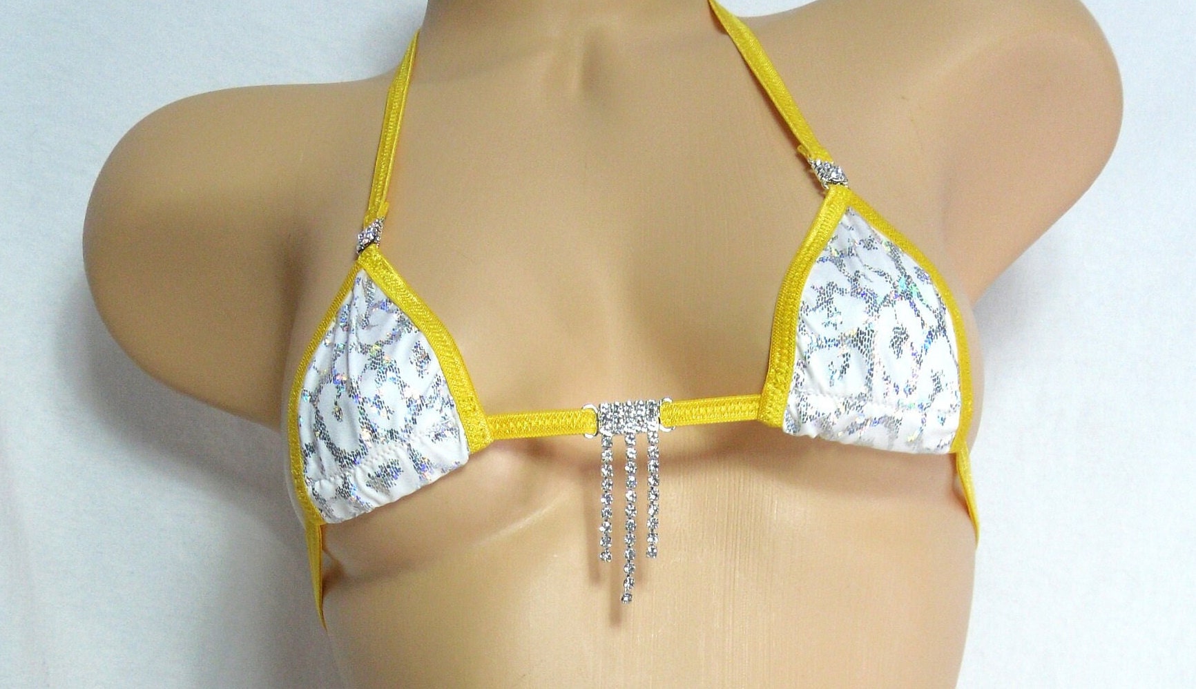 Mini Micro Bikini w/Rhinestones-G-String-Silver Holographic Animal Print on White with Gold Trim - Image 2