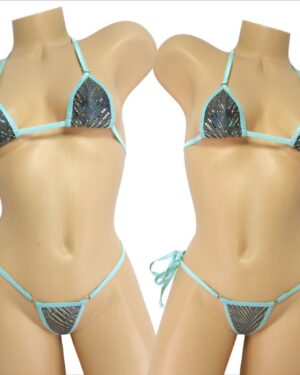Mini Micro G-String Bikini-Choice of Bottom-Gold Foil Dots on Pewter and Trimmed in Turquoise S/M