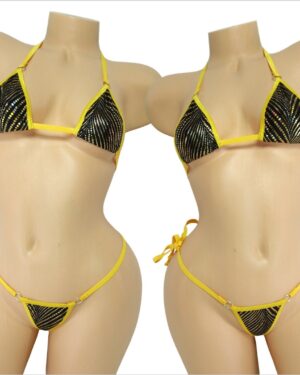 Micro G-String Bikini-Choice of Bottom- Gold Foil Dots on Black and Trimmed in Gold S/M