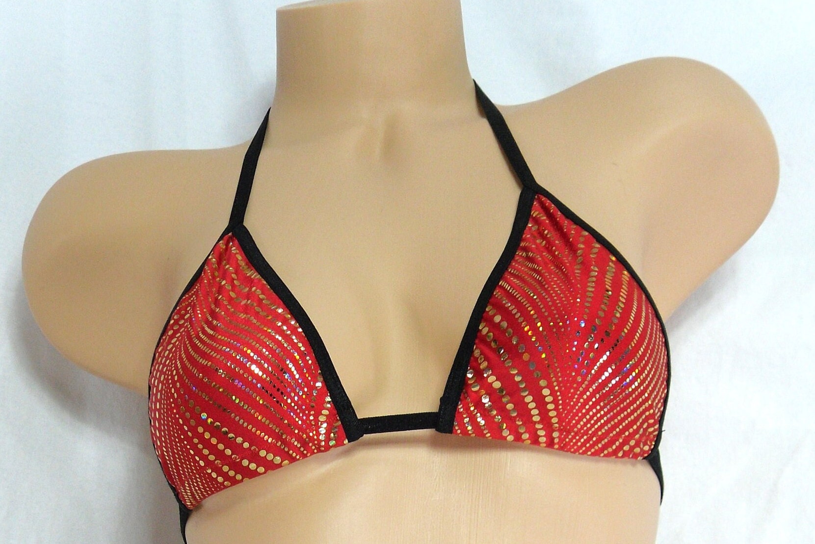 Micro Scrunch butt Bikini with Choice of Top- Gold Foil Dots on Red w/ adj.top & side tie Bottom S/M - Image 7