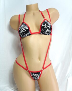 Micro Slingshot/G-String Combo-Black and White Print trimmed in Red-S/M