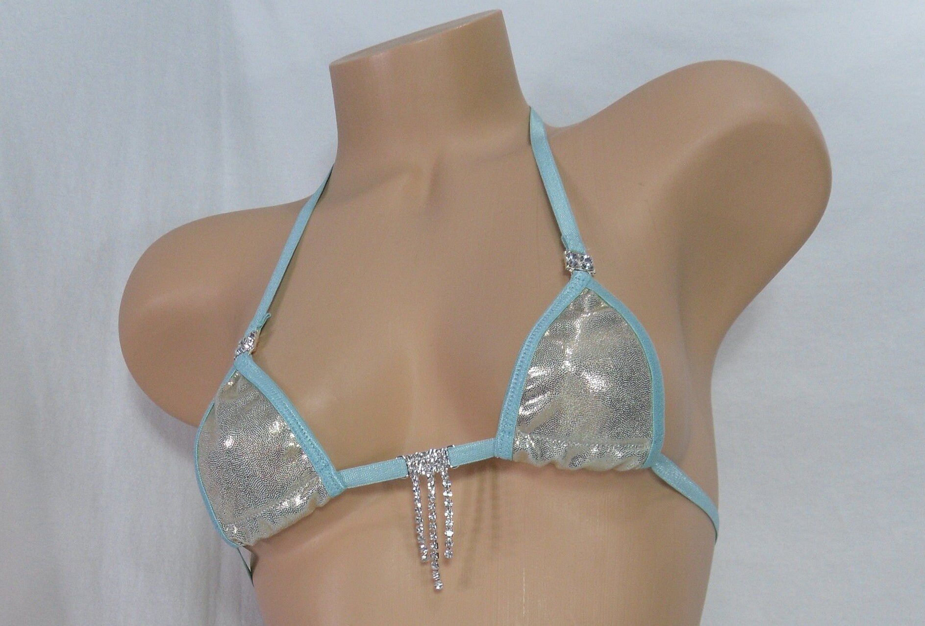 Mini Micro Bikini w/RHINESTONES! Champagne Mystique with Turquoise trim s/m - Image 2