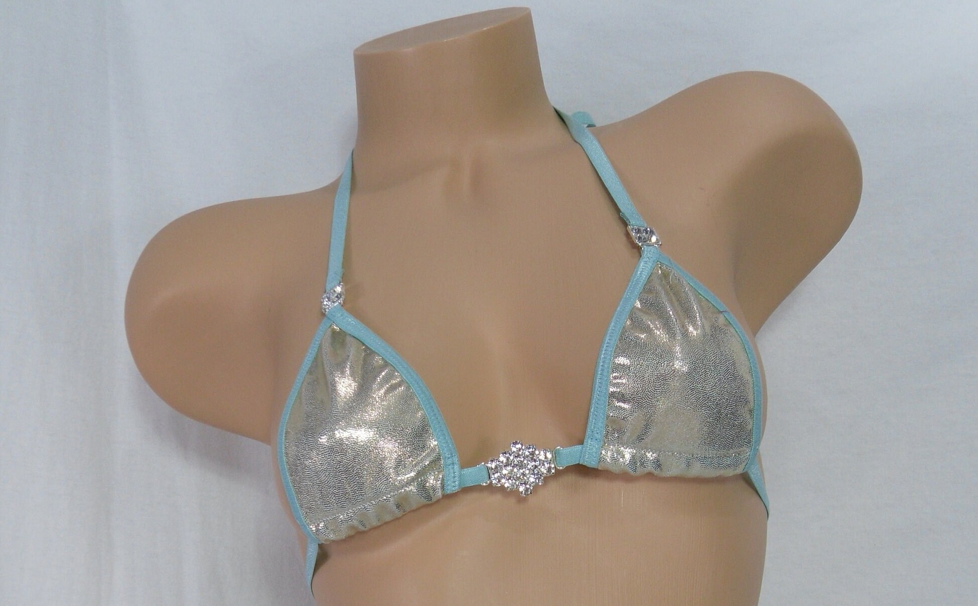 Micro Bikini w/RHINESTONES! Champagne Mystique with Turquoise trim s/m - Image 2